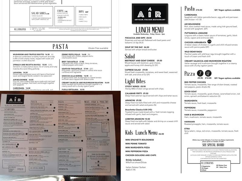 AIR ARTISAN ITALIAN RESTAURANT Menu
