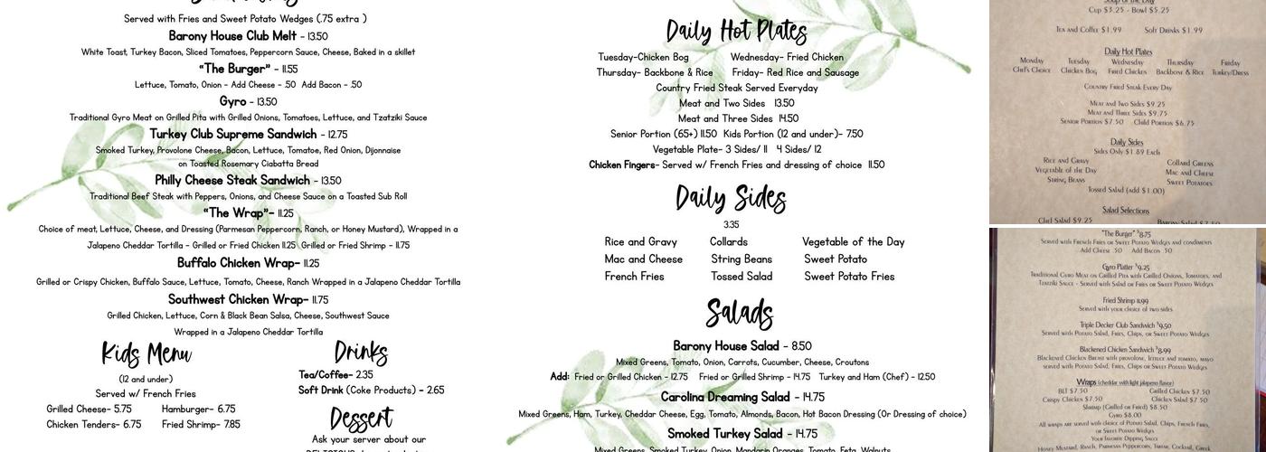 The Barony House Menu