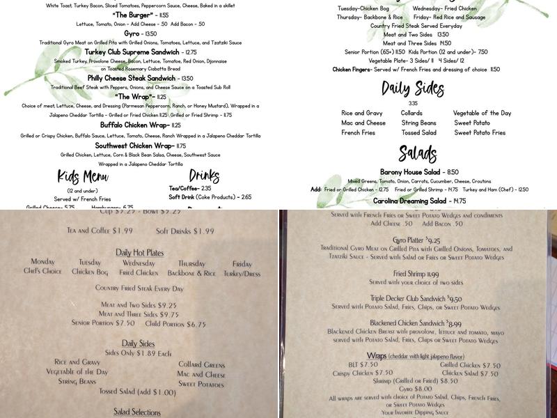 The Barony House Menu