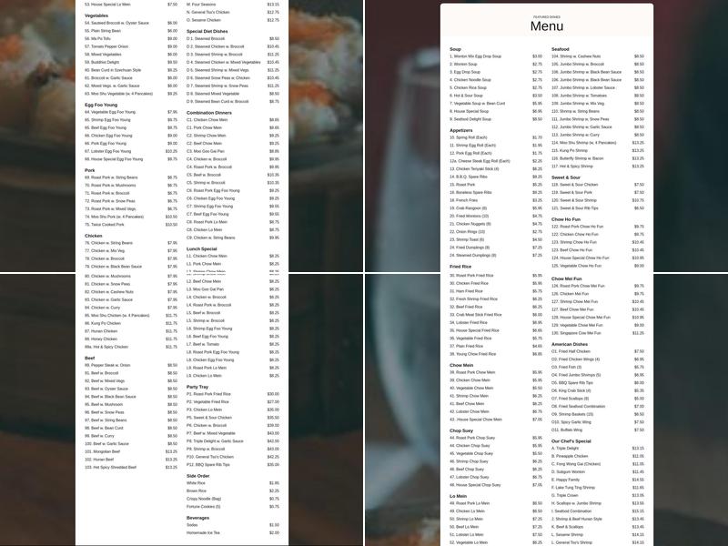 Ho Choi Chinese Restaurant Menu