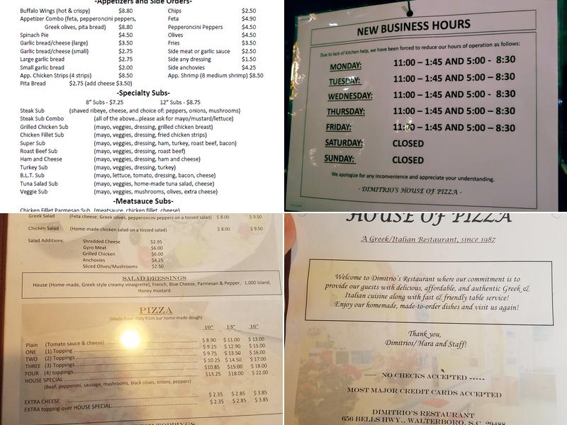 Dimitrio's House of Pizza Menu