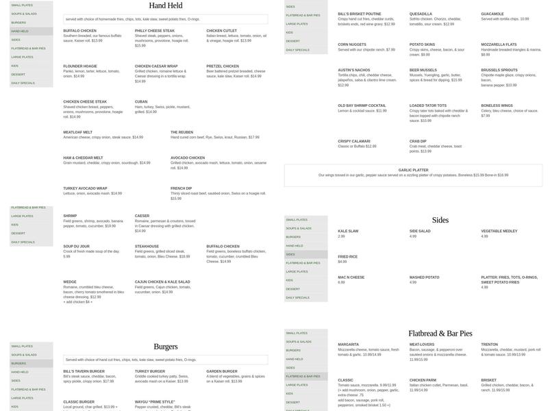 Bill's Olde Tavern Menu