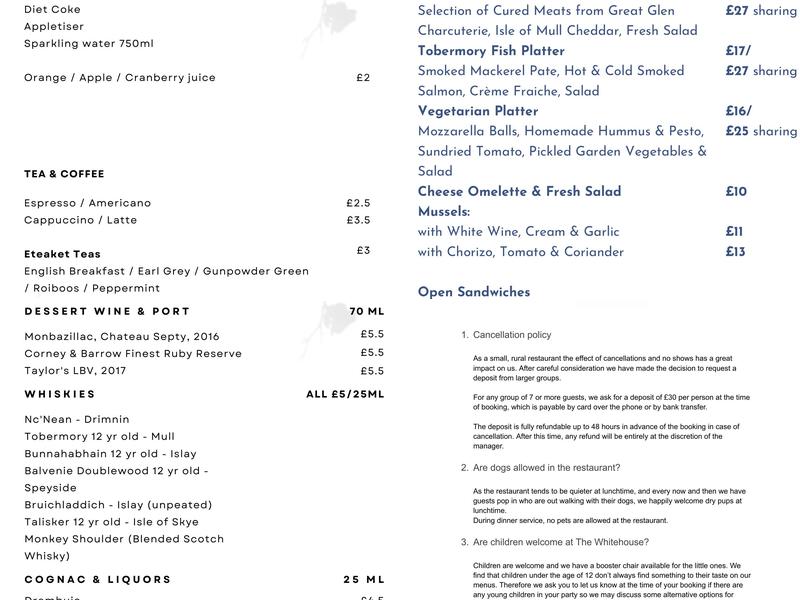 The Whitehouse Restaurant Menu