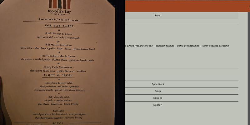 Top of the Bay Menu