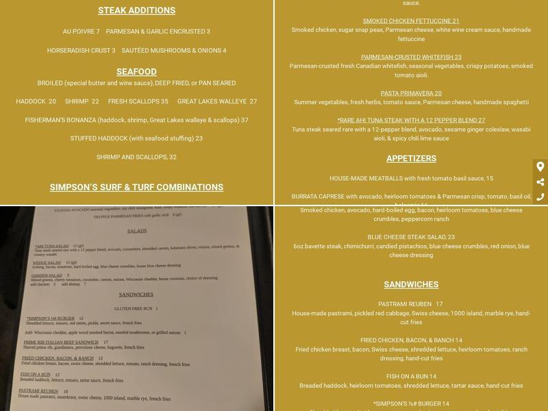 Simpson's Restaurant Menu