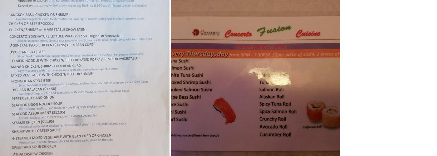Concerto Fusion Cuisine Menu