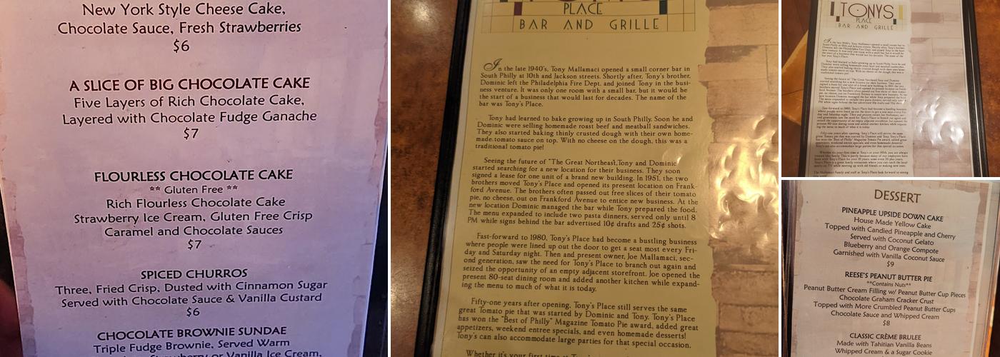 Tony's Place Bar & Grill Menu