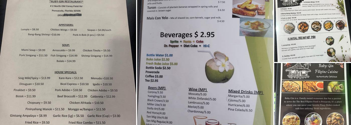 Ruby-Gin Filipino Restaurant Menu