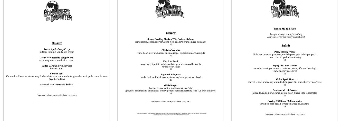 Goldminer's Daughter Lodge Menu