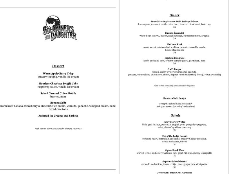 Goldminer's Daughter Lodge Menu