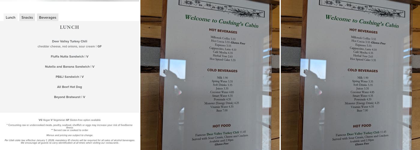 Cushing’s Cabin Menu