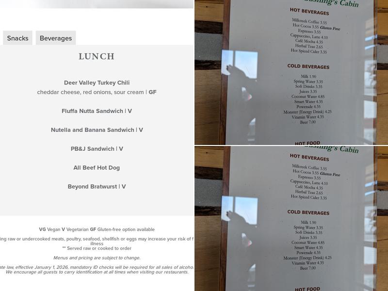 Cushing’s Cabin Menu