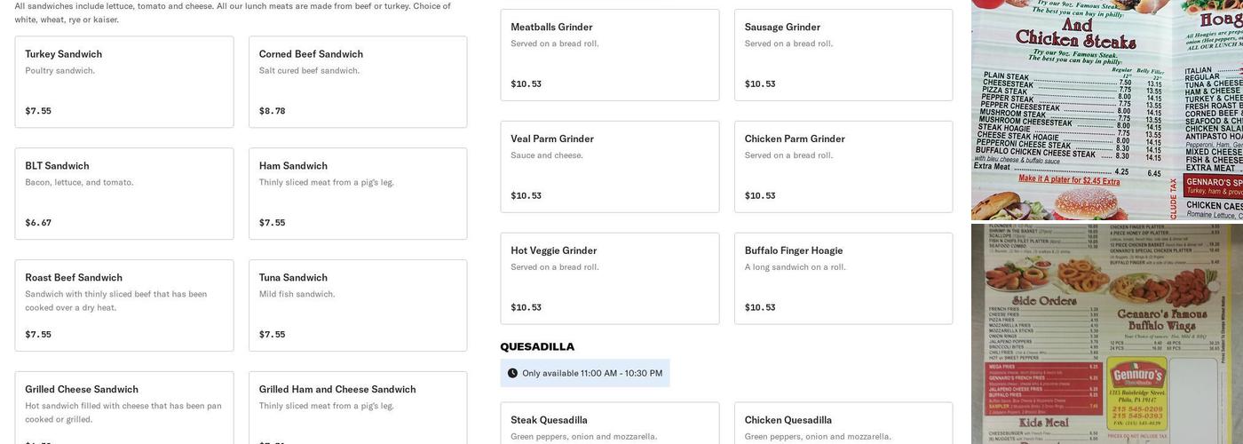 Gennaro's Pizza‎ & steak Menu