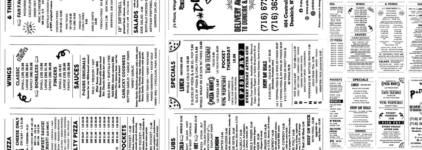 P*DUBS PIZZA WINGS N' THINGS Menu