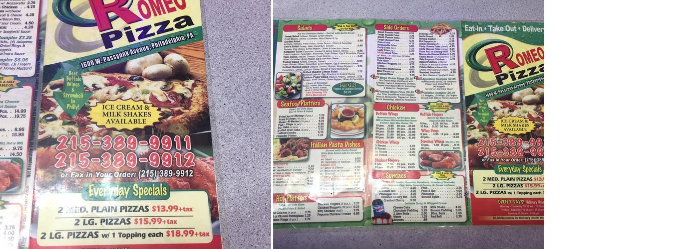 Romeo Pizza Menu