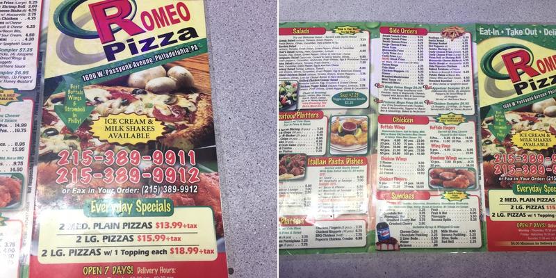 Romeo Pizza Menu