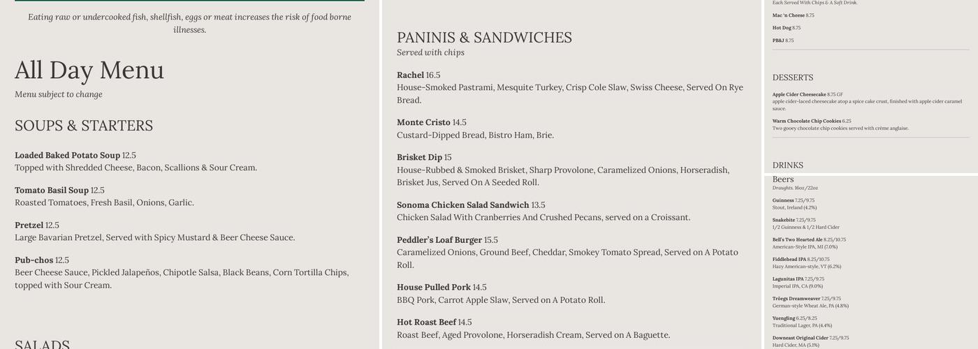 Peddler's Pub Menu