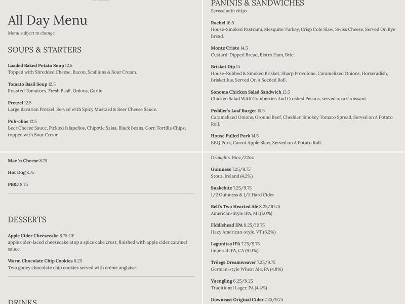 Peddler's Pub Menu