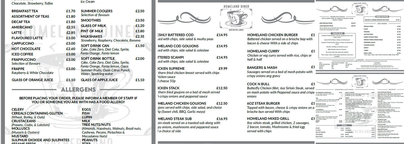 The Homeland Diner Cafe Menu