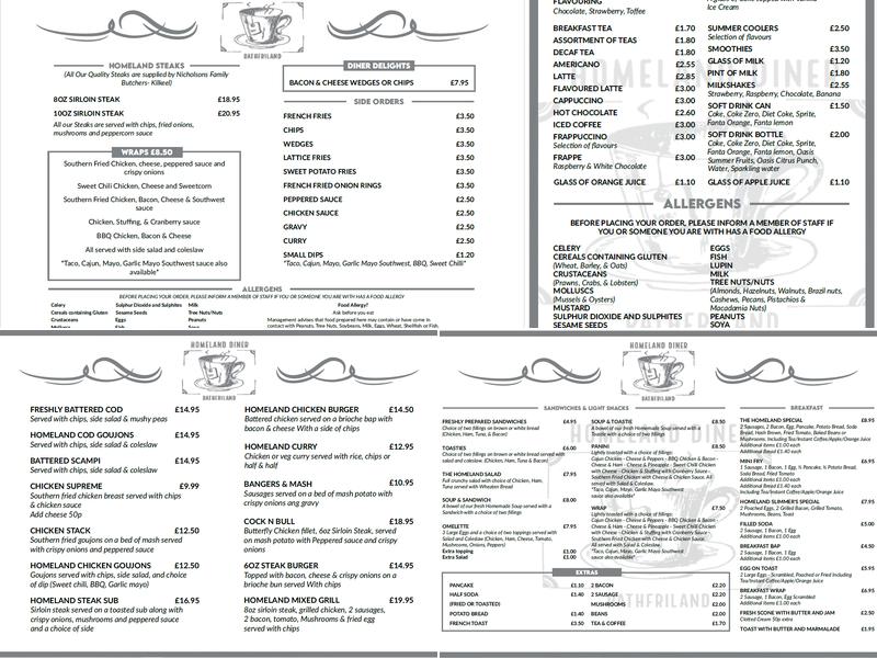 The Homeland Diner Cafe Menu