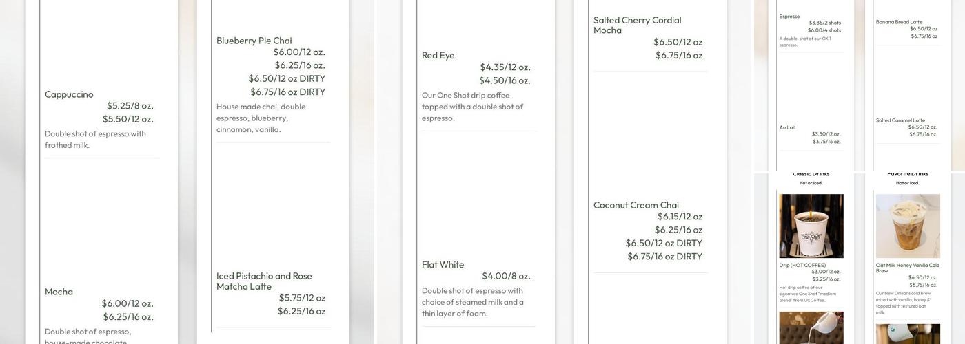One Shot Coffee Menu