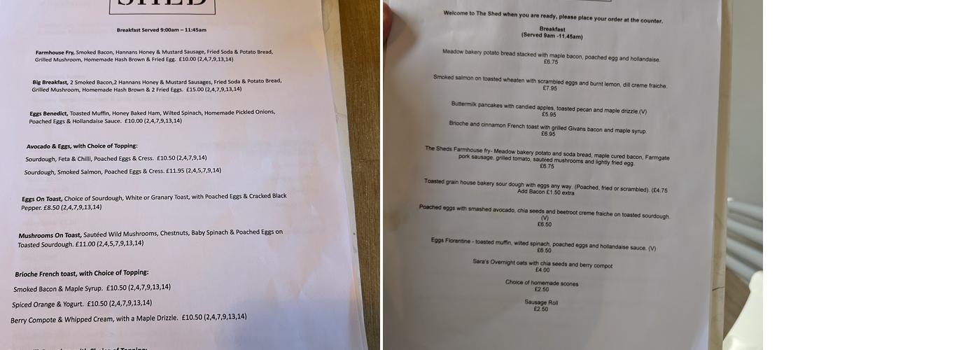 The Shed Menu