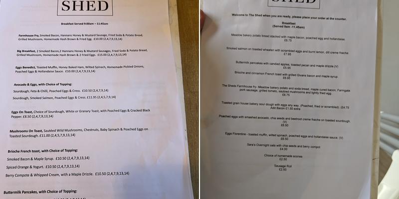 The Shed Menu