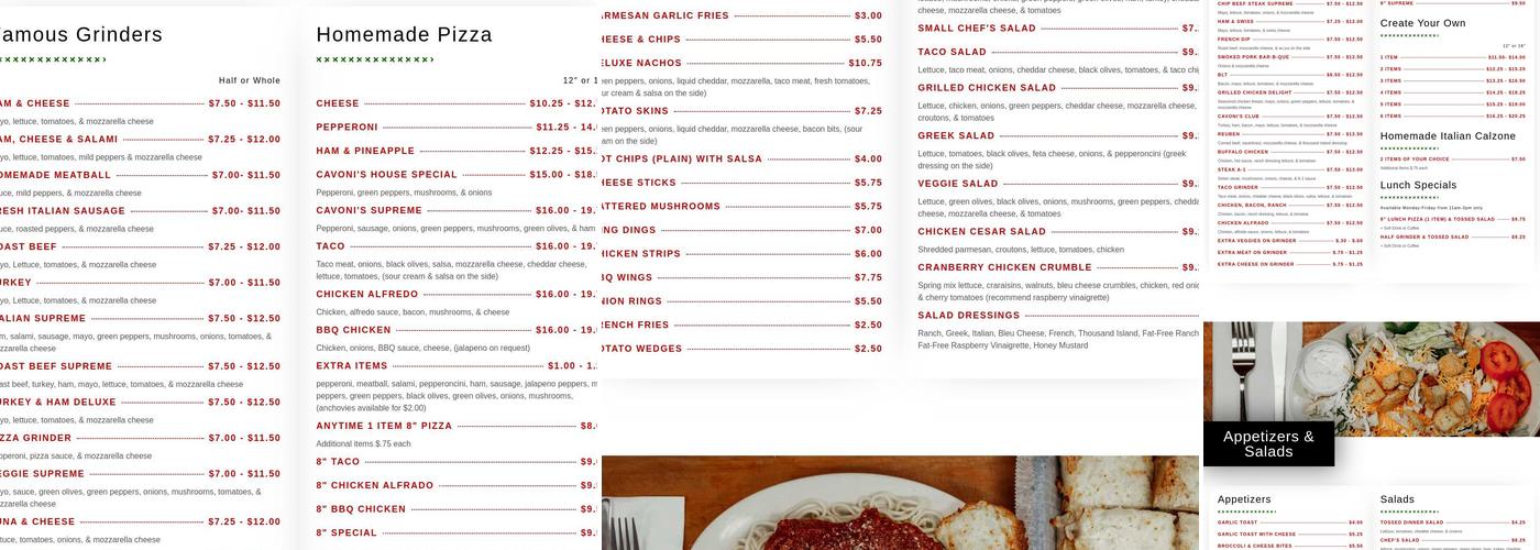 Cavoni's Pizza & Grinders Menu