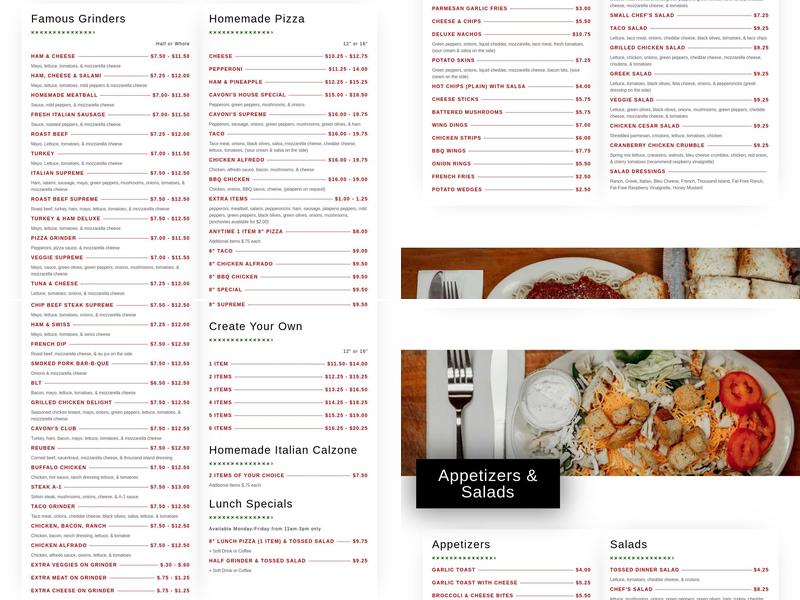 Cavoni's Pizza & Grinders Menu