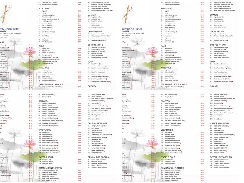 New Country China Buffet Menu