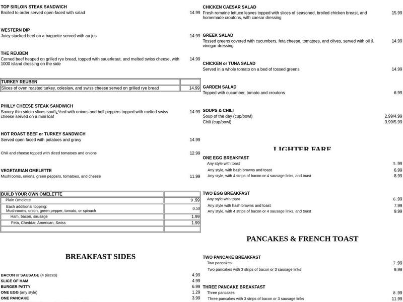 Steve's Ranch Menu