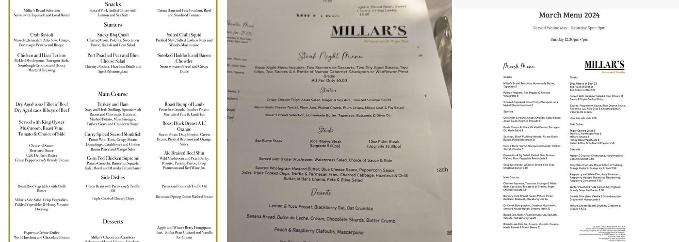 Millar's Restaurant Menu