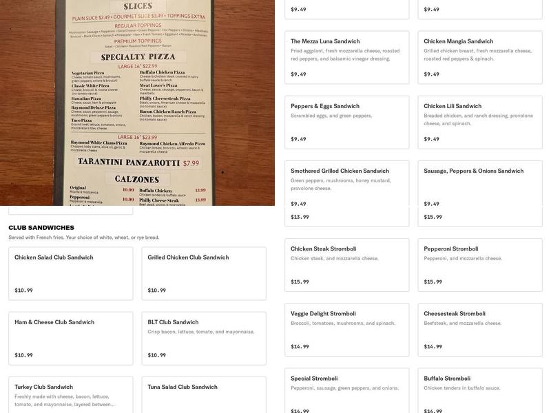 Raymond's Pizza Menu