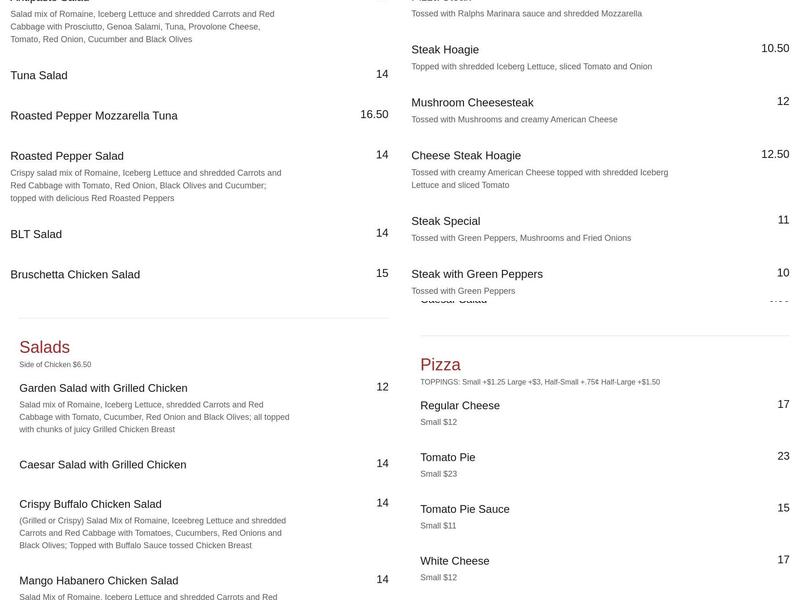 Ralph’s Pizza Menu