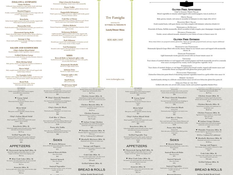 Tre Famiglia Ristorante BYOB Menu