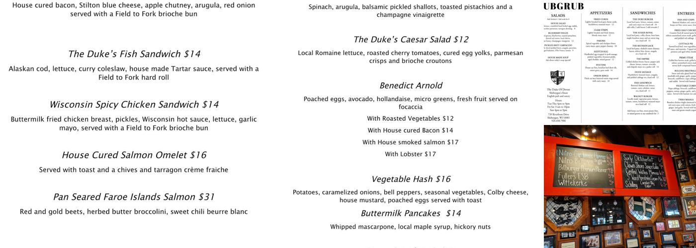 The Duke of Devon Menu