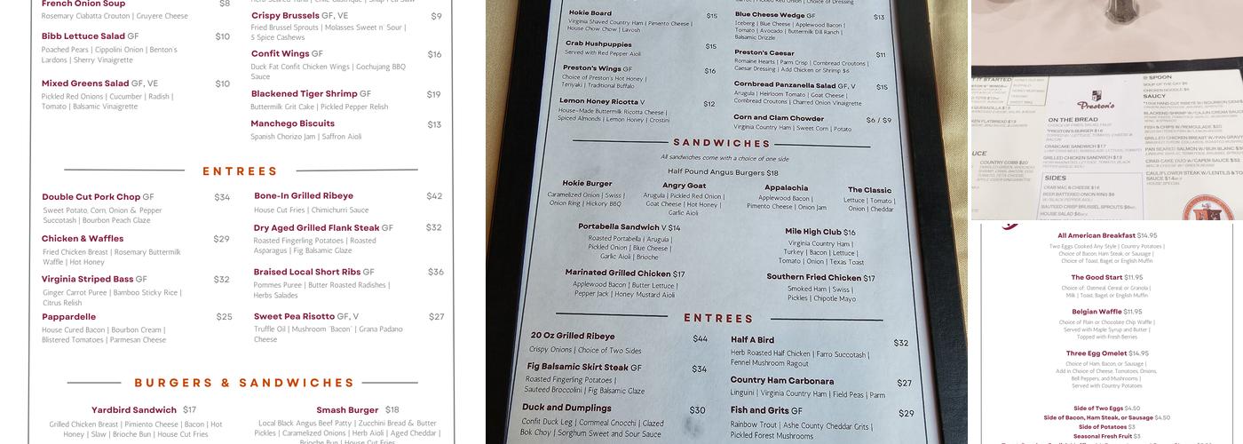 Preston's Restaurant Menu
