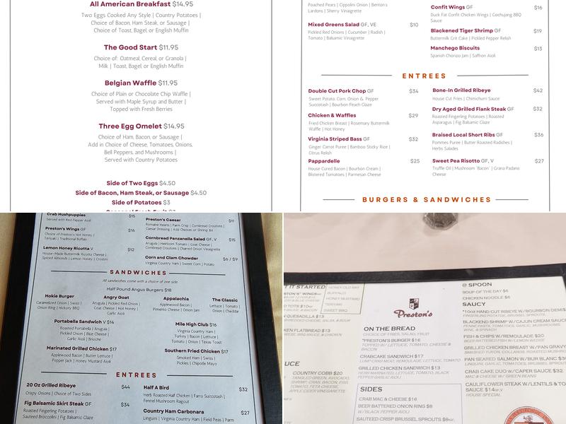 Preston's Restaurant Menu