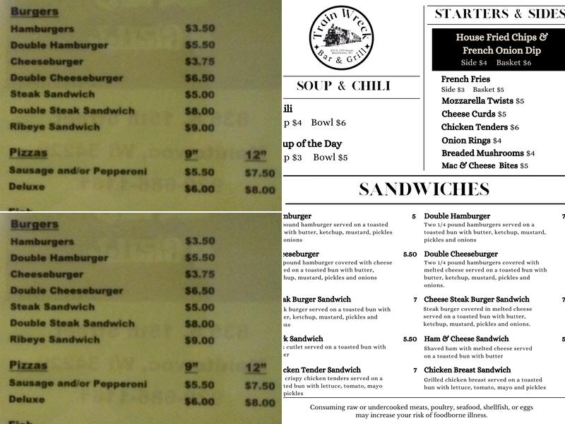 Train Wreck Bar & Grill Menu