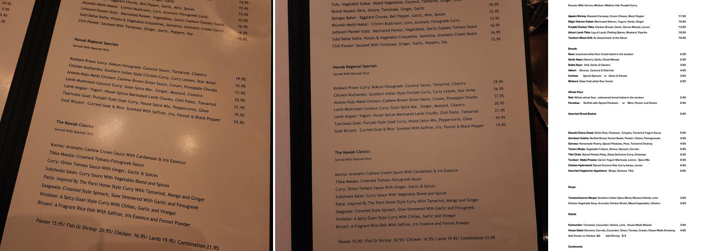 Nawab Indian Cuisine Menu
