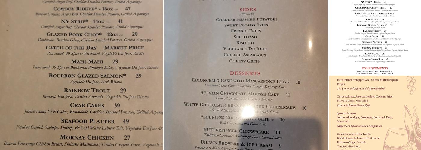 BILLY’S Menu