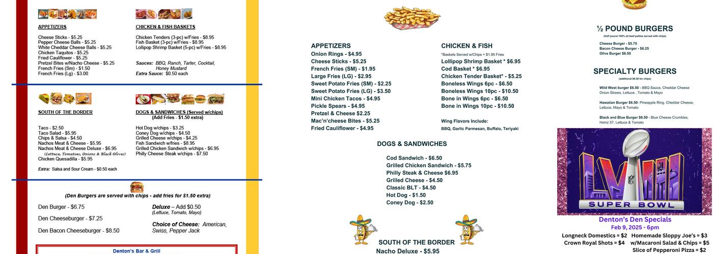 Denton's Den Menu