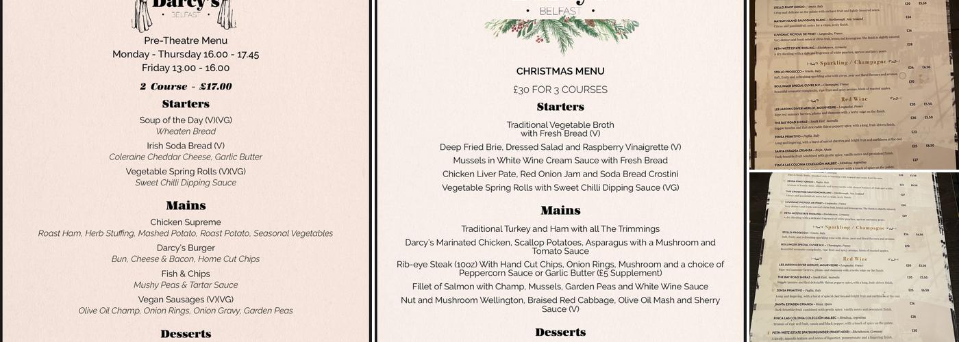Darcy's Belfast Menu