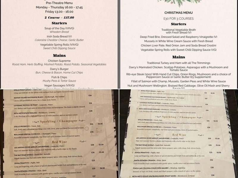 Darcy's Belfast Menu