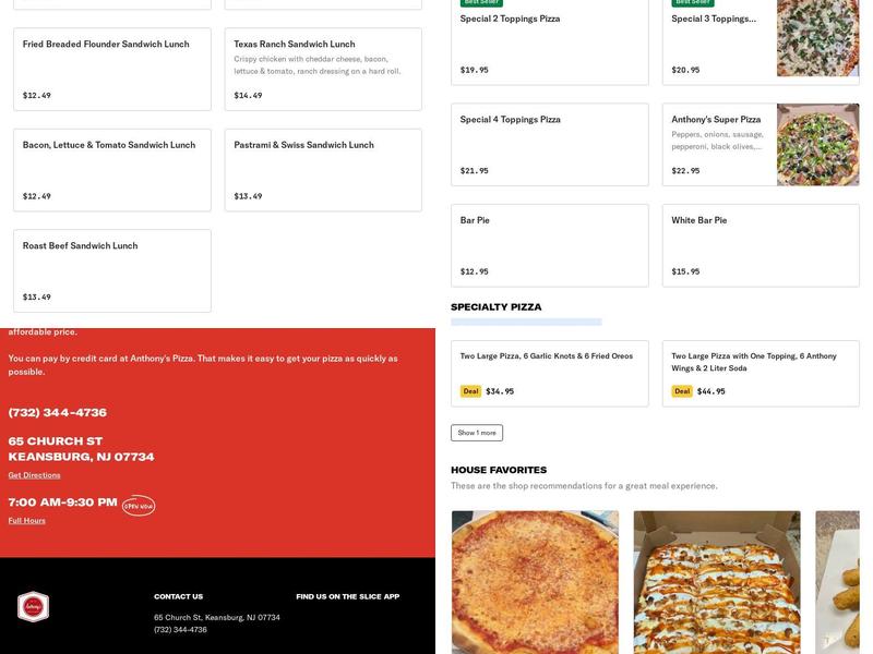 Anthony's Pizza Menu