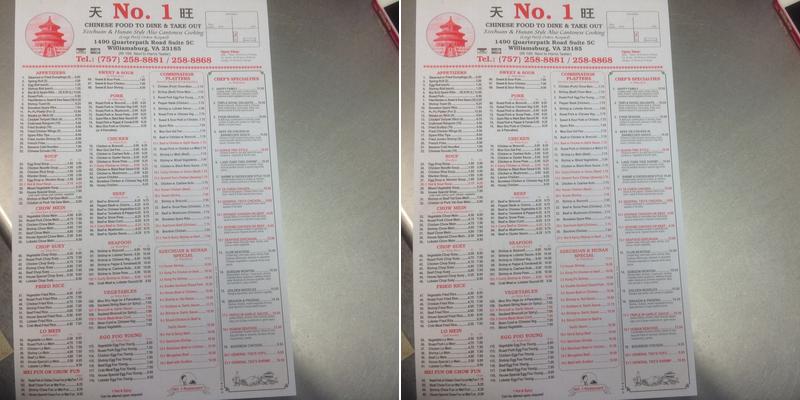 No 1 Restaurant Menu