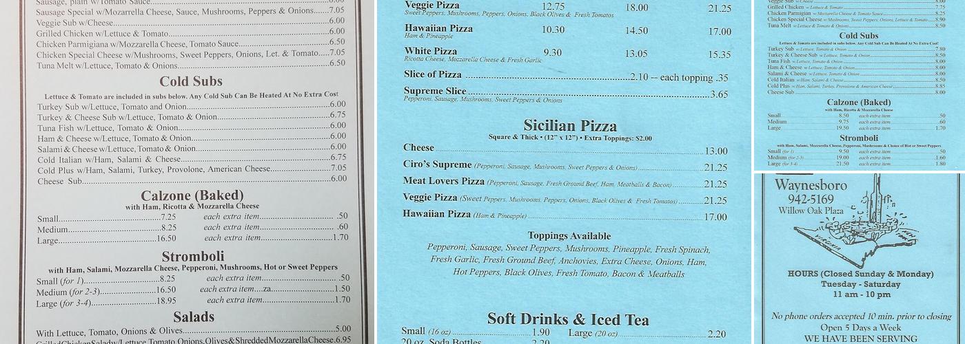 Ciro's Pizza Menu