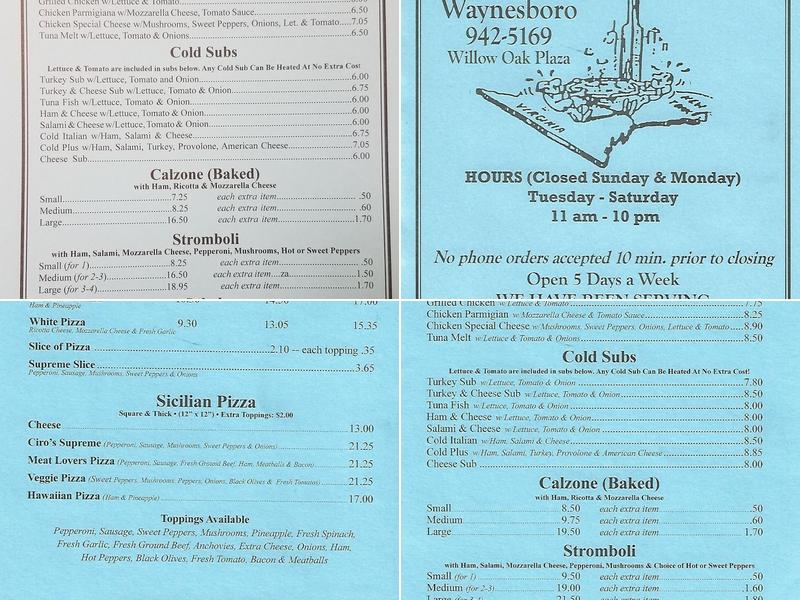 Ciro's Pizza Menu