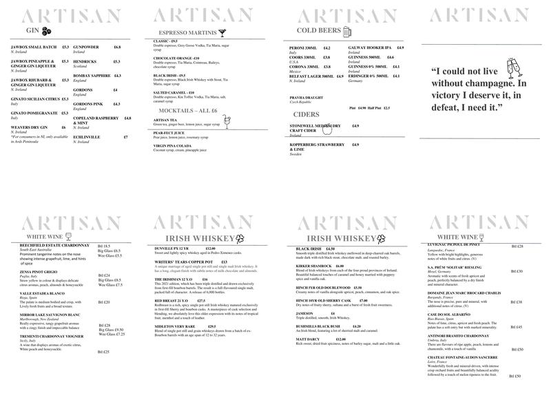 The Artisan Cookhouse Menu