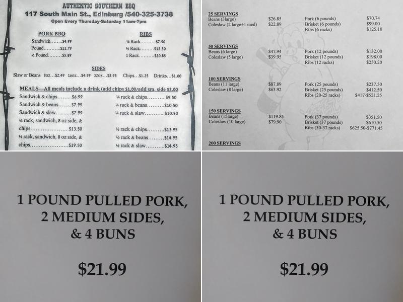 Bean's Barbeque Menu